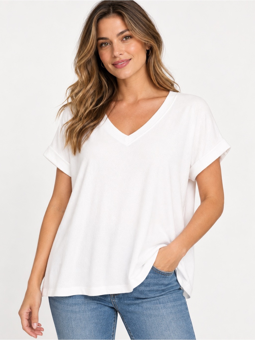 Zenana Melange Hacci White V-Neck Short Sleeve Cuffed Relaxed Fit